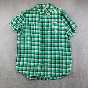 Diesel Mens Shirt XL Green Blue Plaid Button Up Linen Cotton Patches Embroidered